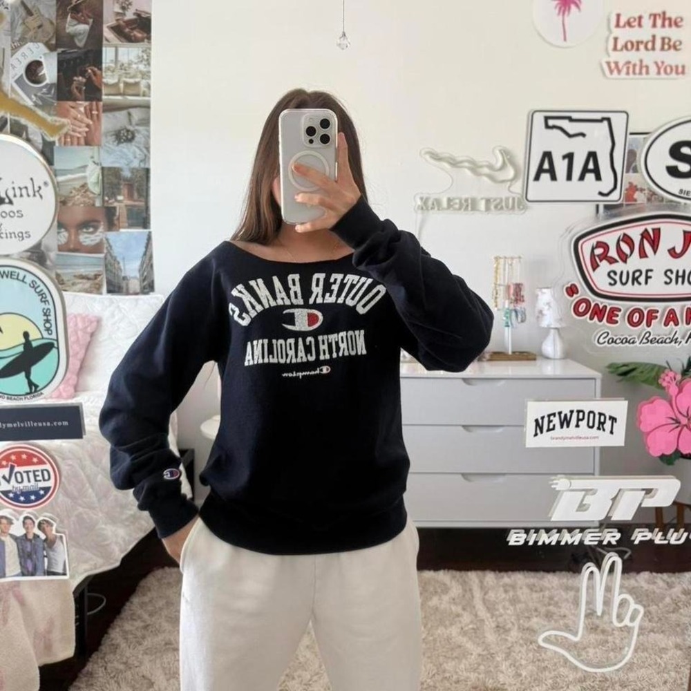 navy outer banks champion off the shoulder crewneck